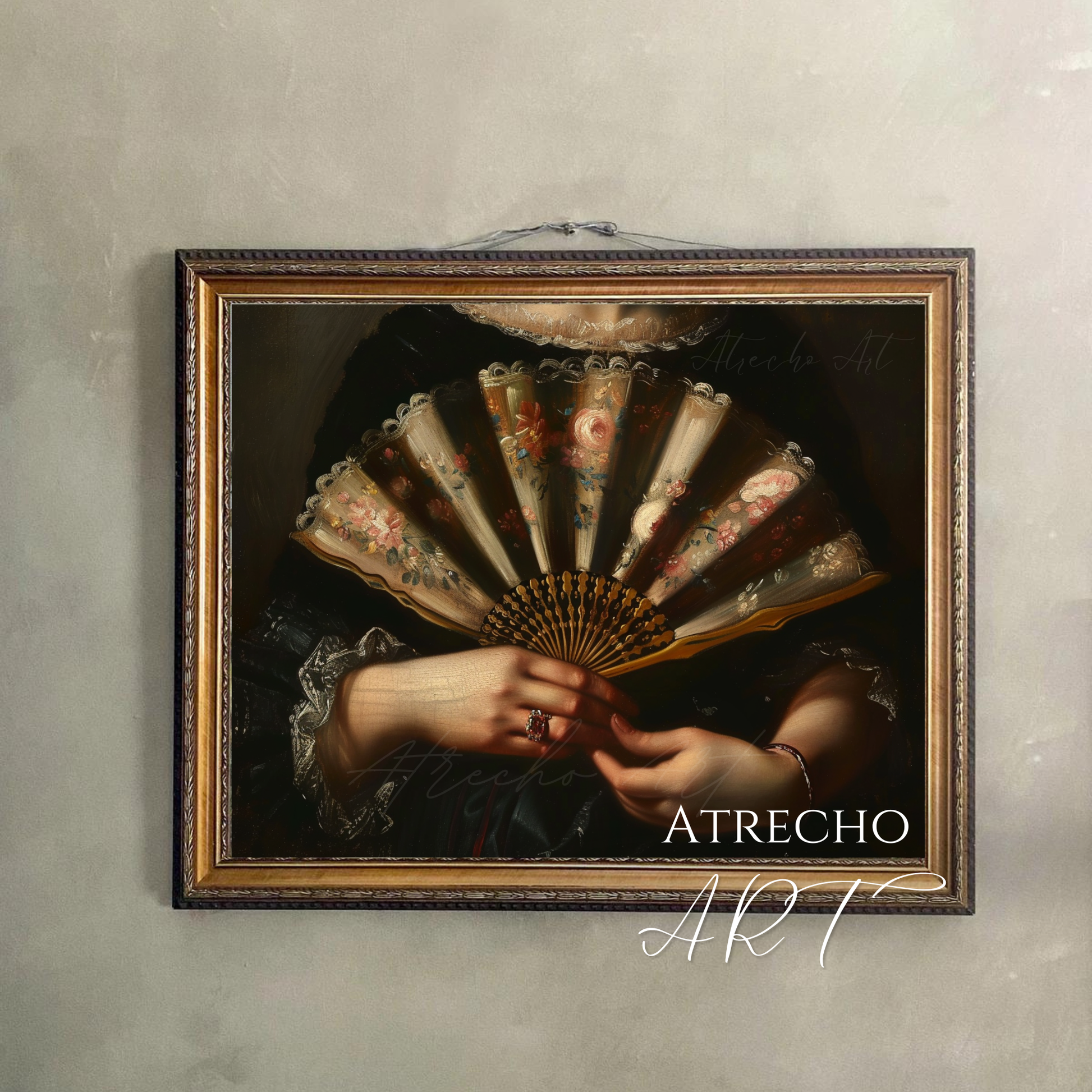 The fan print hung on a moody plaster wall, a folding-fan portrait ready for a gallery wall, by Atrecho Art
