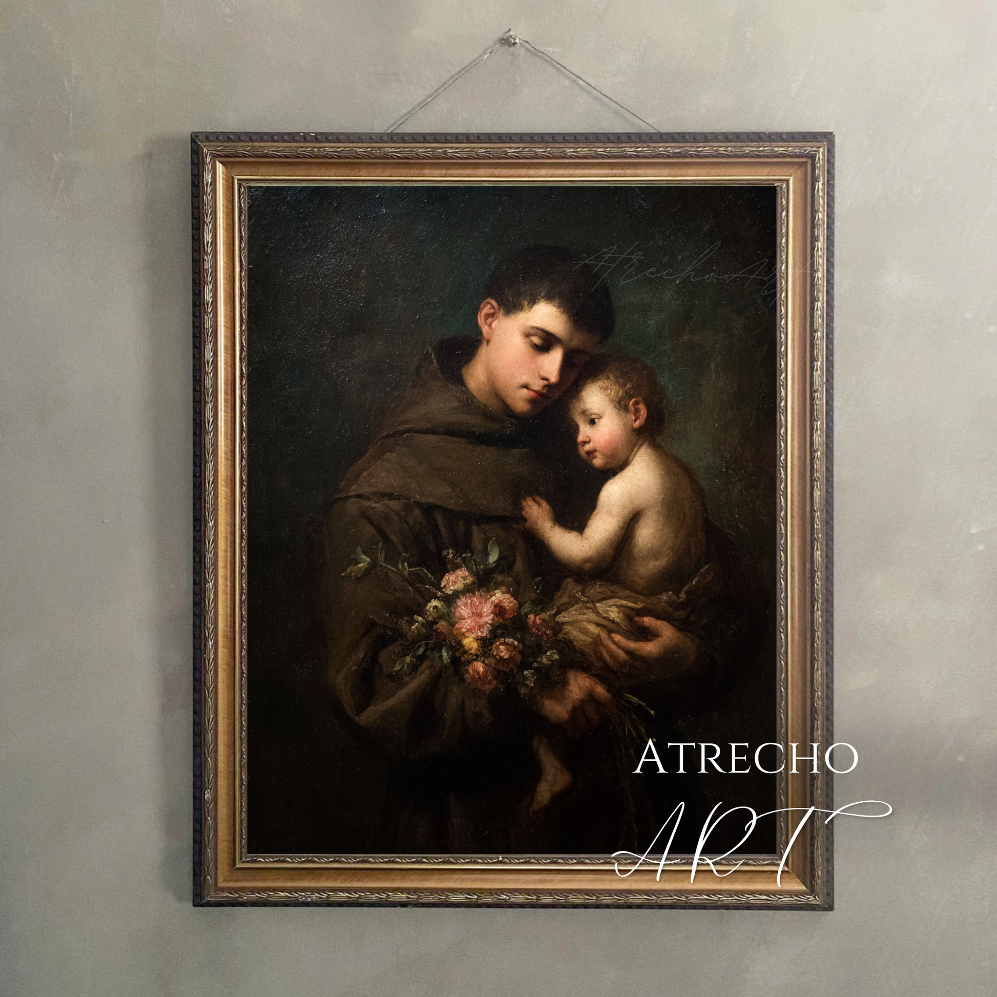 Close-up of 200gsm archival paper texture on Saint Anthony devotional art print — museum-grade matte finish, rich Baroque color depth