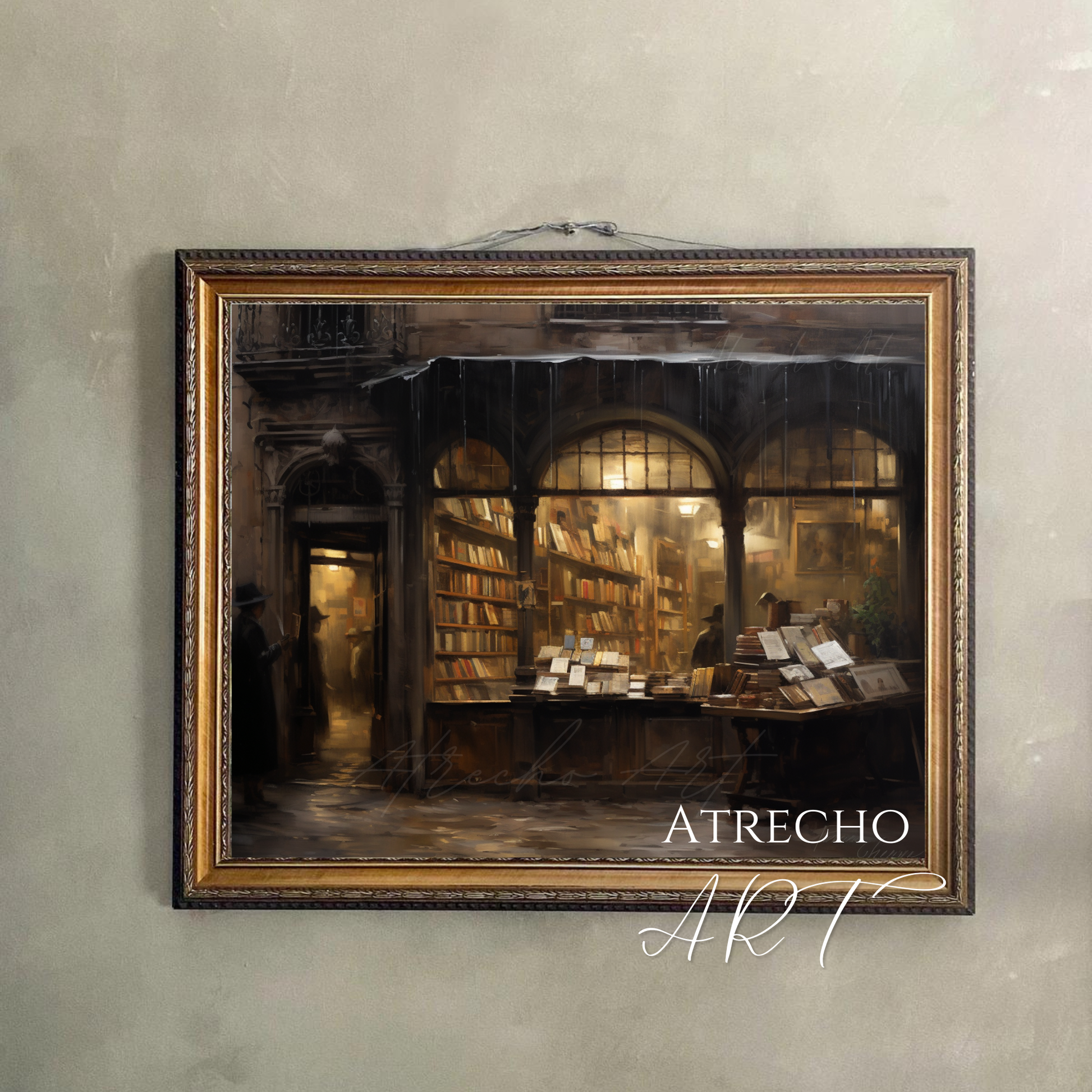 Bookstore art print hung flush on plaster wall in a dark academia home office, cord display, AR24 by Atrecho Art 