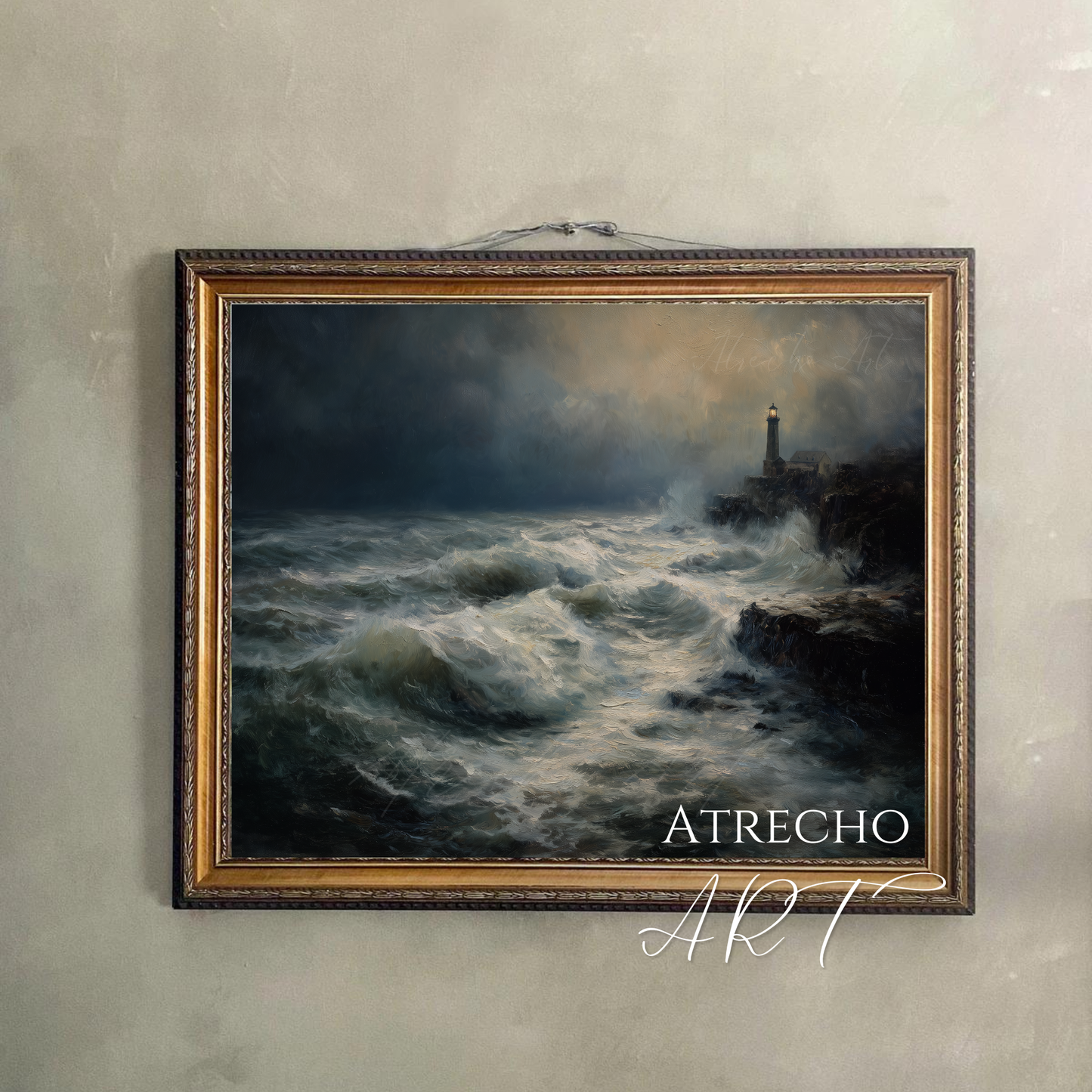Lighthouse art print hung on a stone wall in a moody candlelit study with dark wood shelving, NA02 by Atrecho Art