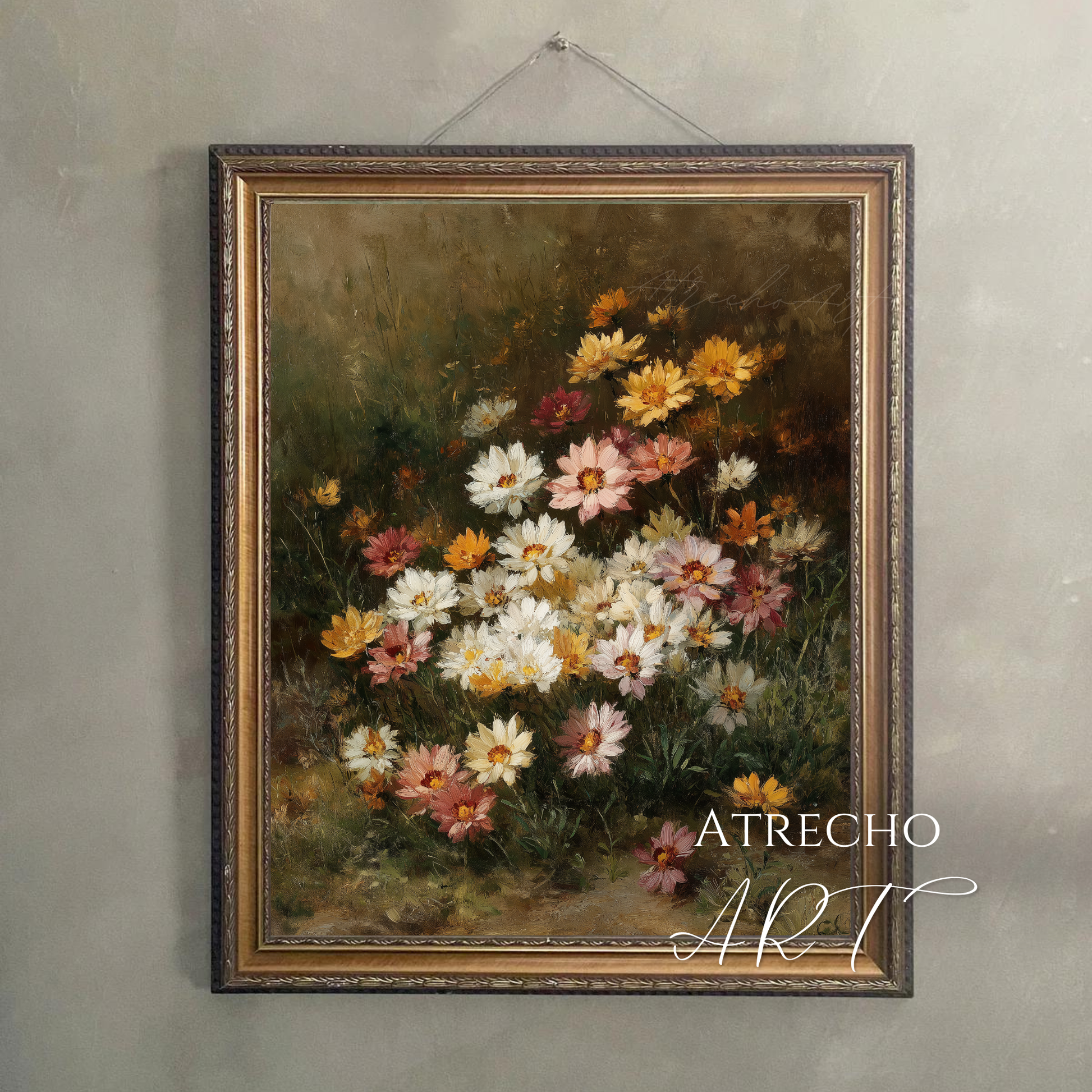 Spring Gazania floral print in an ornate antique frame — Old World wildflower still life for a romantic gallery wall