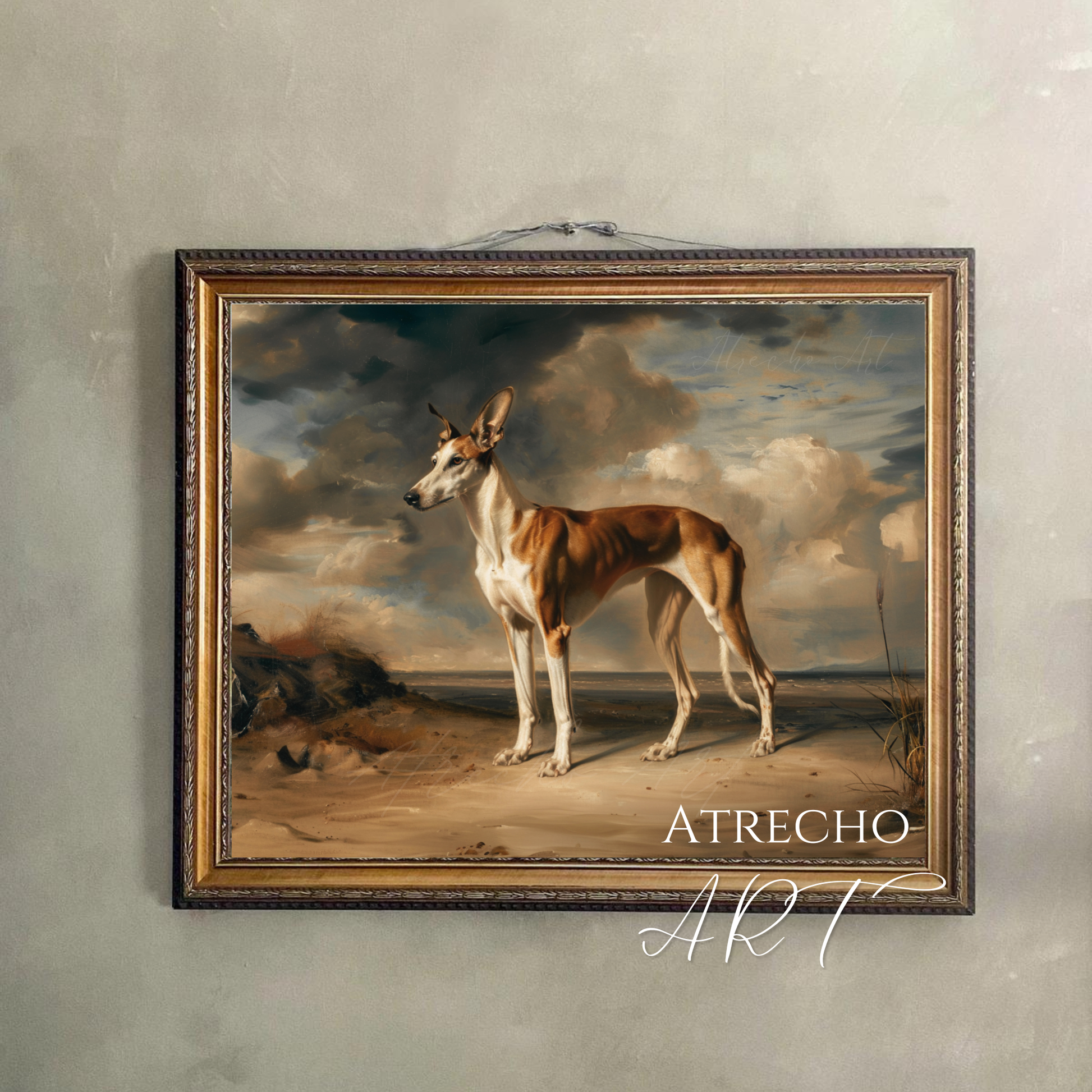 Ibizan Hound art print hanging on wall in warm wood frame — cord-hung Spanish breed dog wall art, AN80 by Atrecho Art