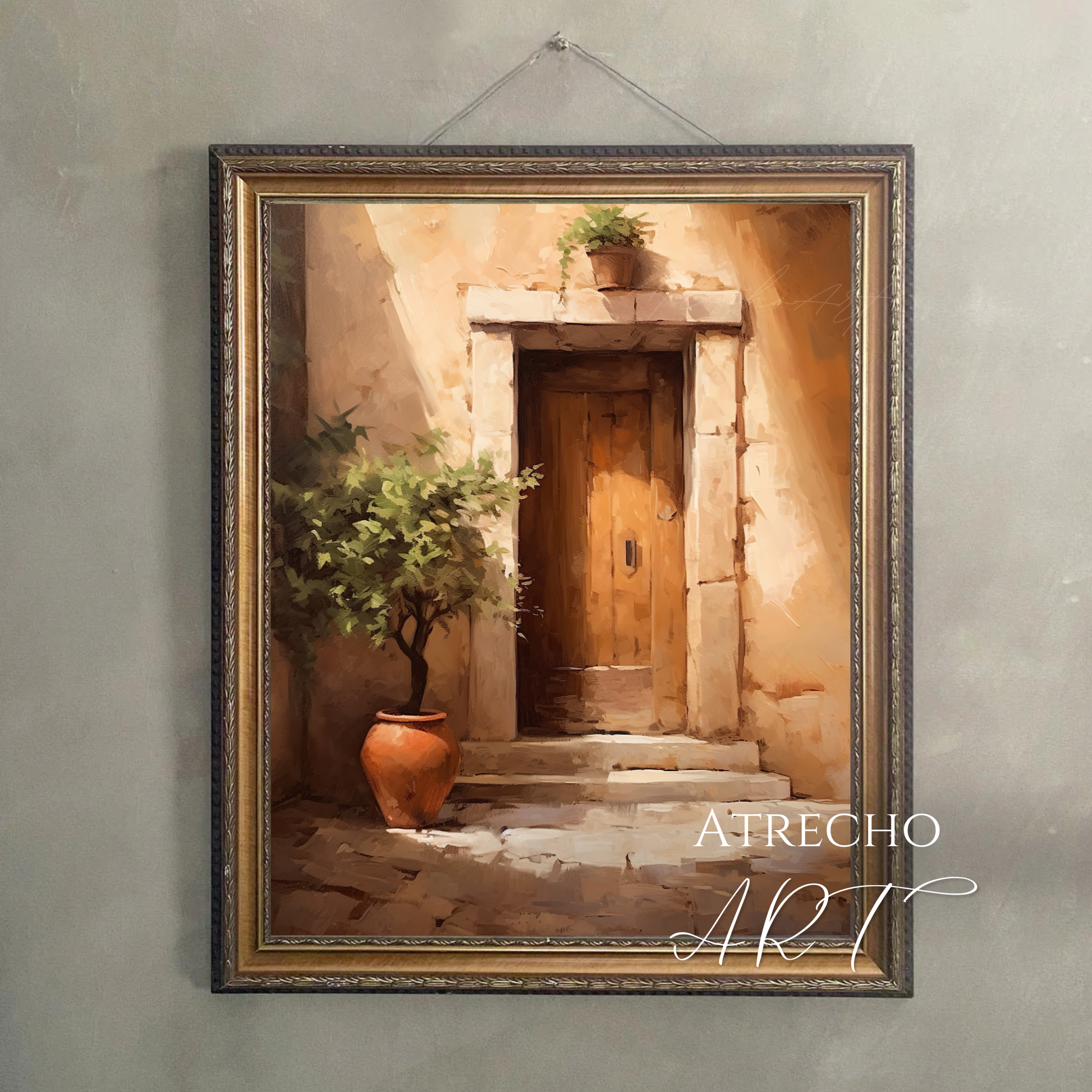 Mediterranean villa door with terracotta planters and weathered stone. Spanish courtyard architecture art print on museum-grade paper.