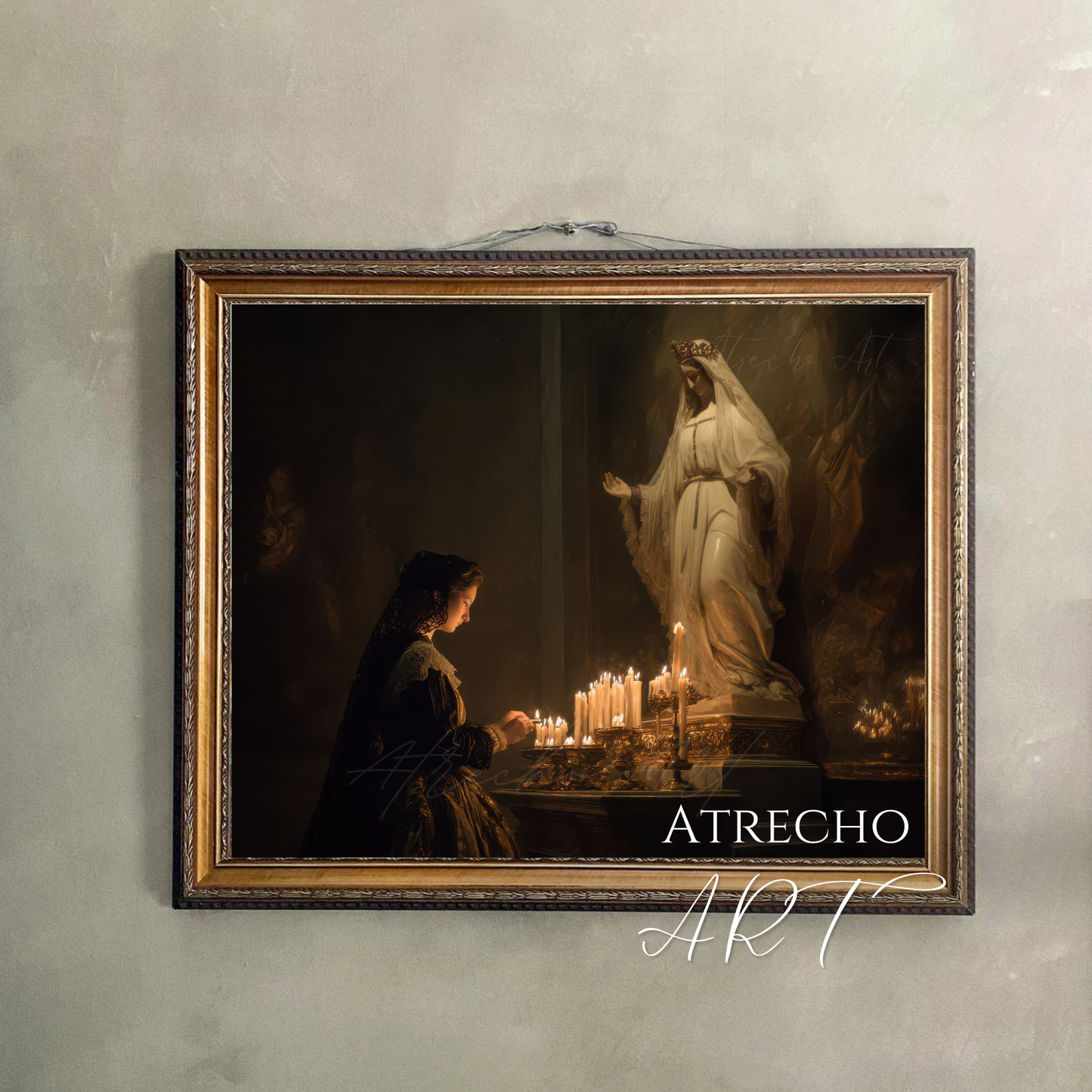 The devotional candlelight print hung flush on a neutral wall, glowing softly in a quiet prayer corner, by Atrecho Art