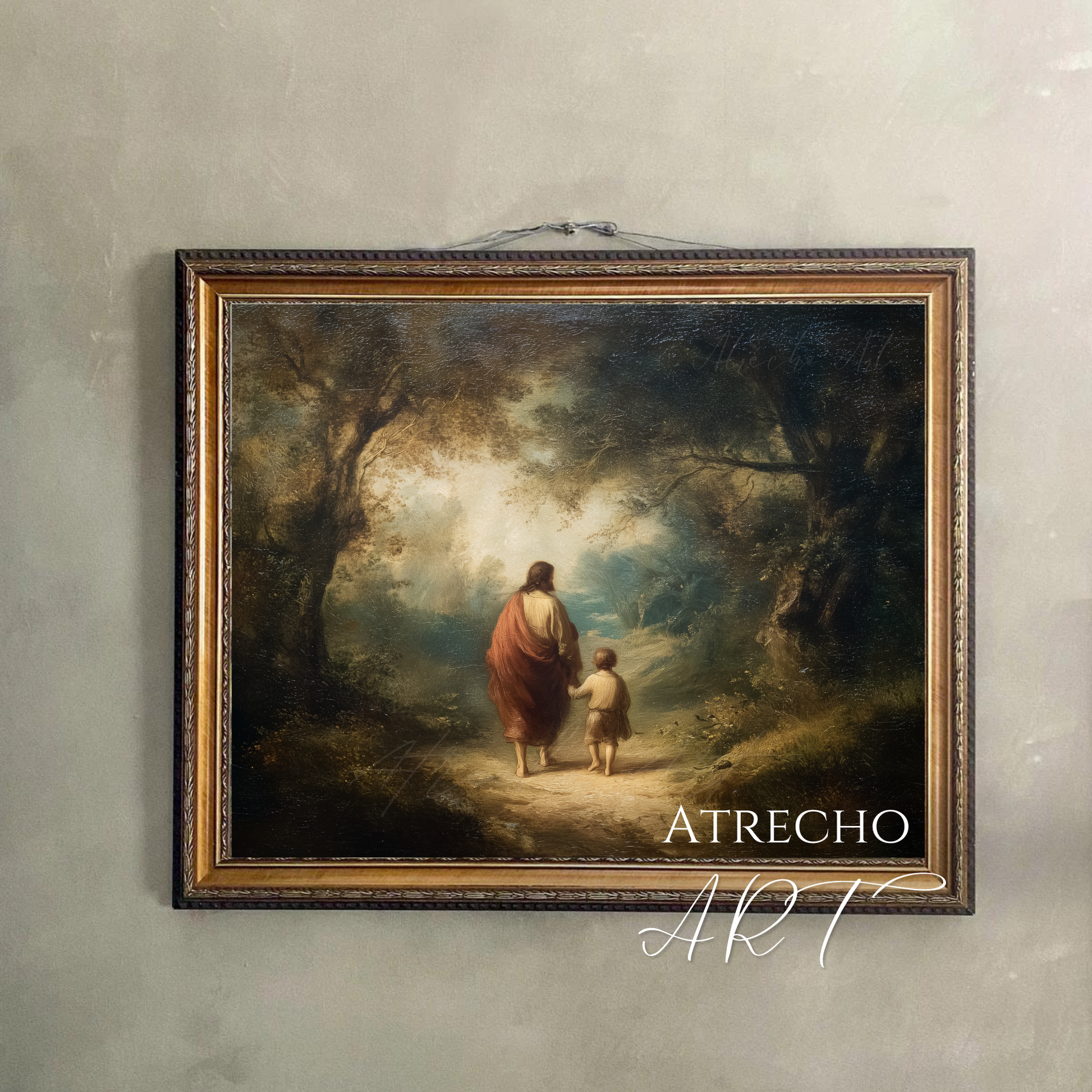 Vintage-inspired Jesus and child art print featuring warm golden lighting in Old World Spanish religious painting style, perfect for Christian home decor and prayer spaces