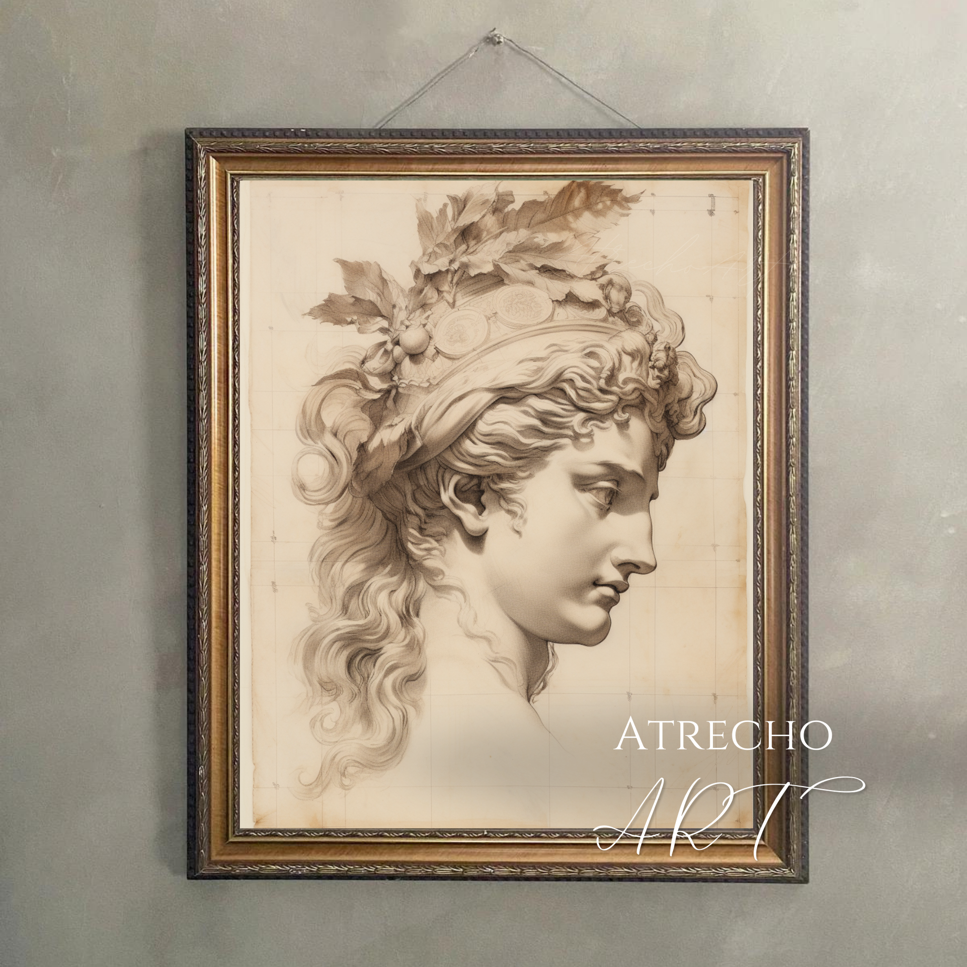 Persephone art print in warm sepia, classical goddess profile sketch with oak-leaf crown on antique parchment PE55