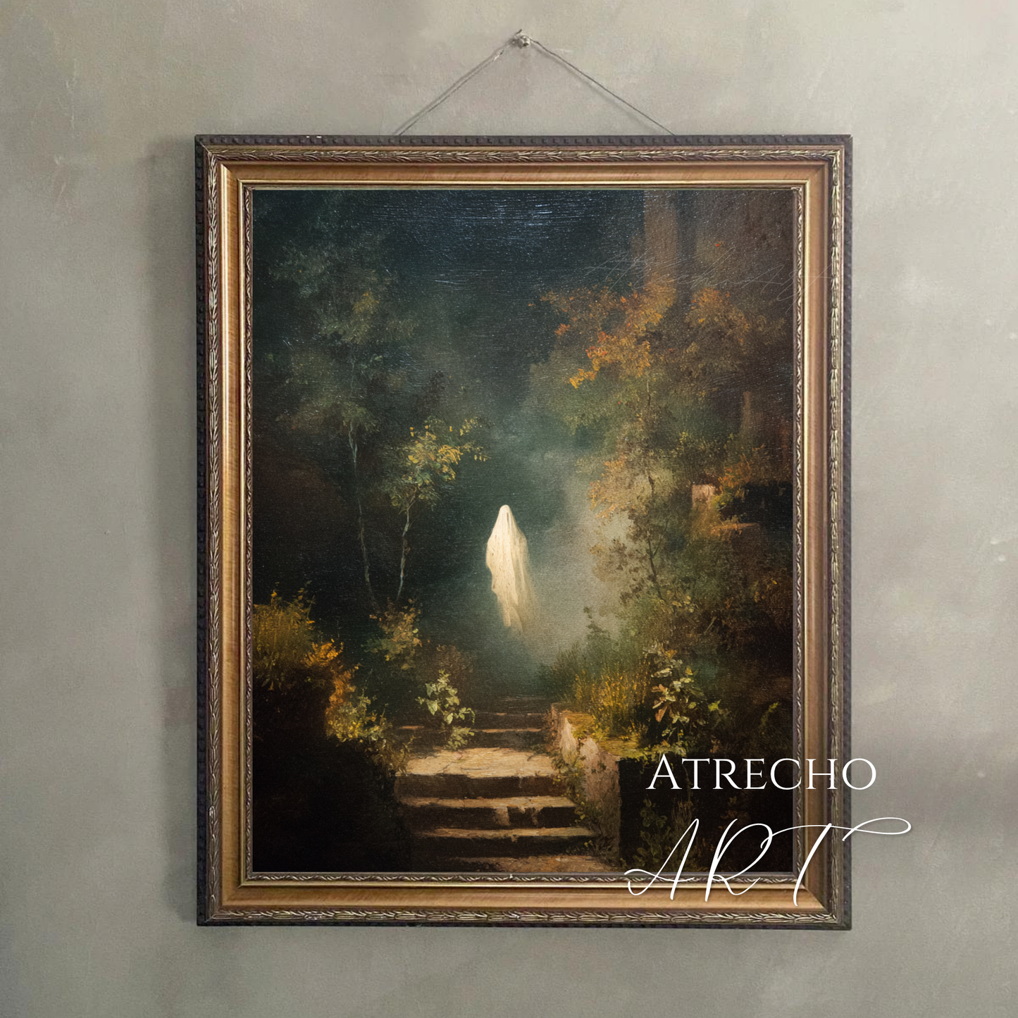 Ghost garden art print featuring ethereal white spirit ascending weathered stone steps in dark overgrown garden with golden autumn foliage and moody lighting