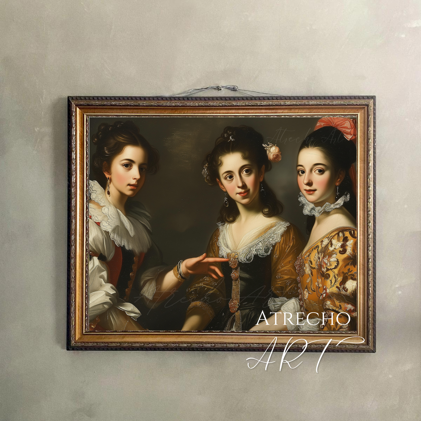 Spanish baroque portrait print of three women hung on grey textured wall in dark antique frame, moody dark academia wall art