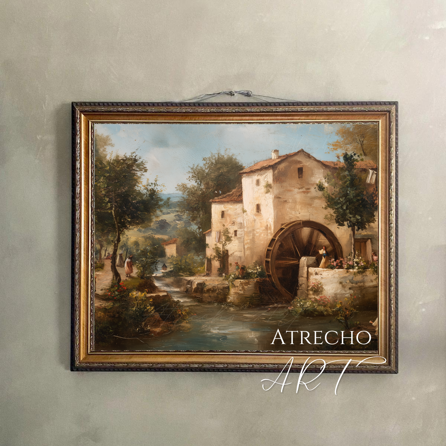 Vintage mill landscape print hung above farmhouse sideboard — warm European countryside art displayed in Tuscan-toned entryway