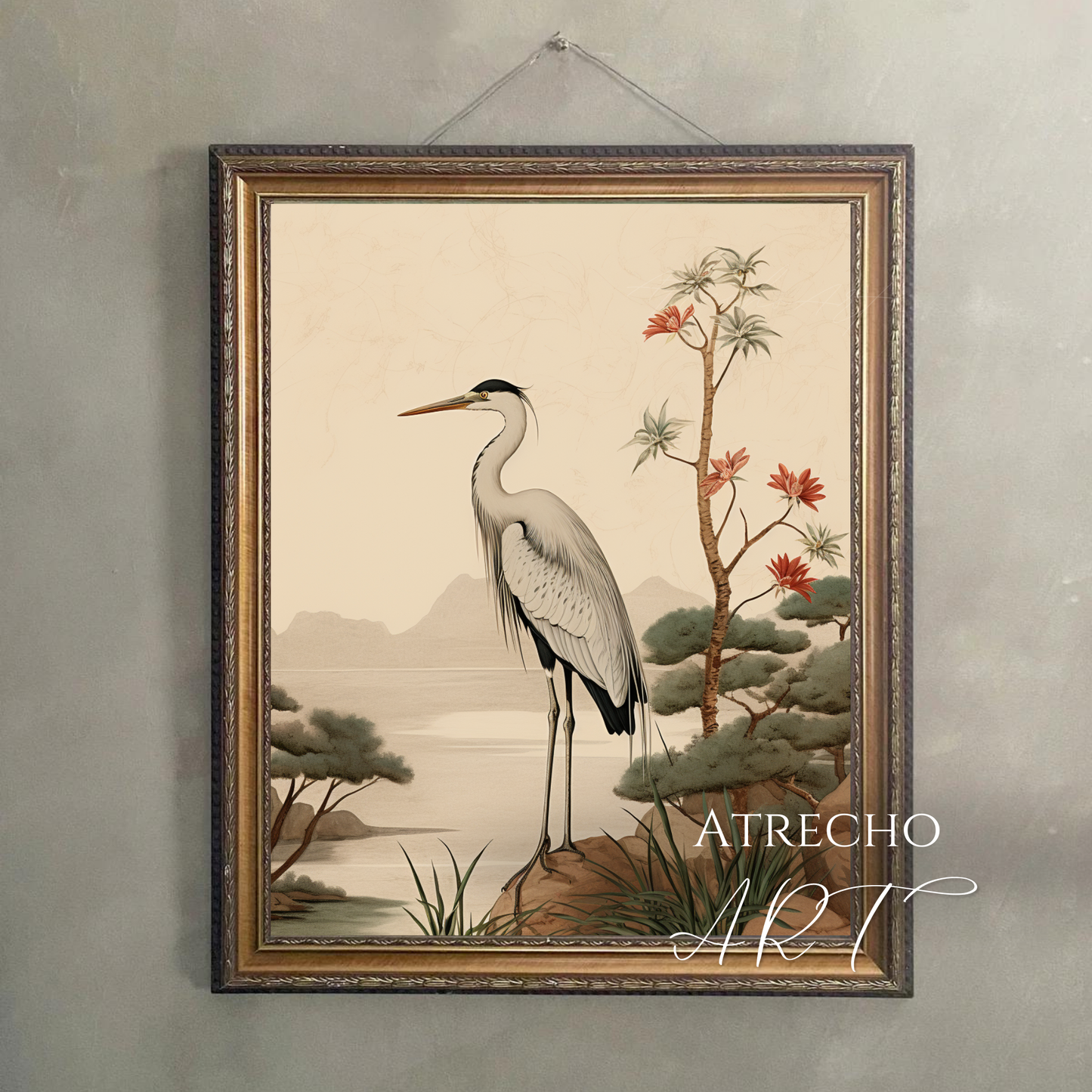 Vintage European-style heron bird illustration with autumn foliage and flowering branches in warm earth tones, perfect for cottage core and Old World Spanish inspired home decor