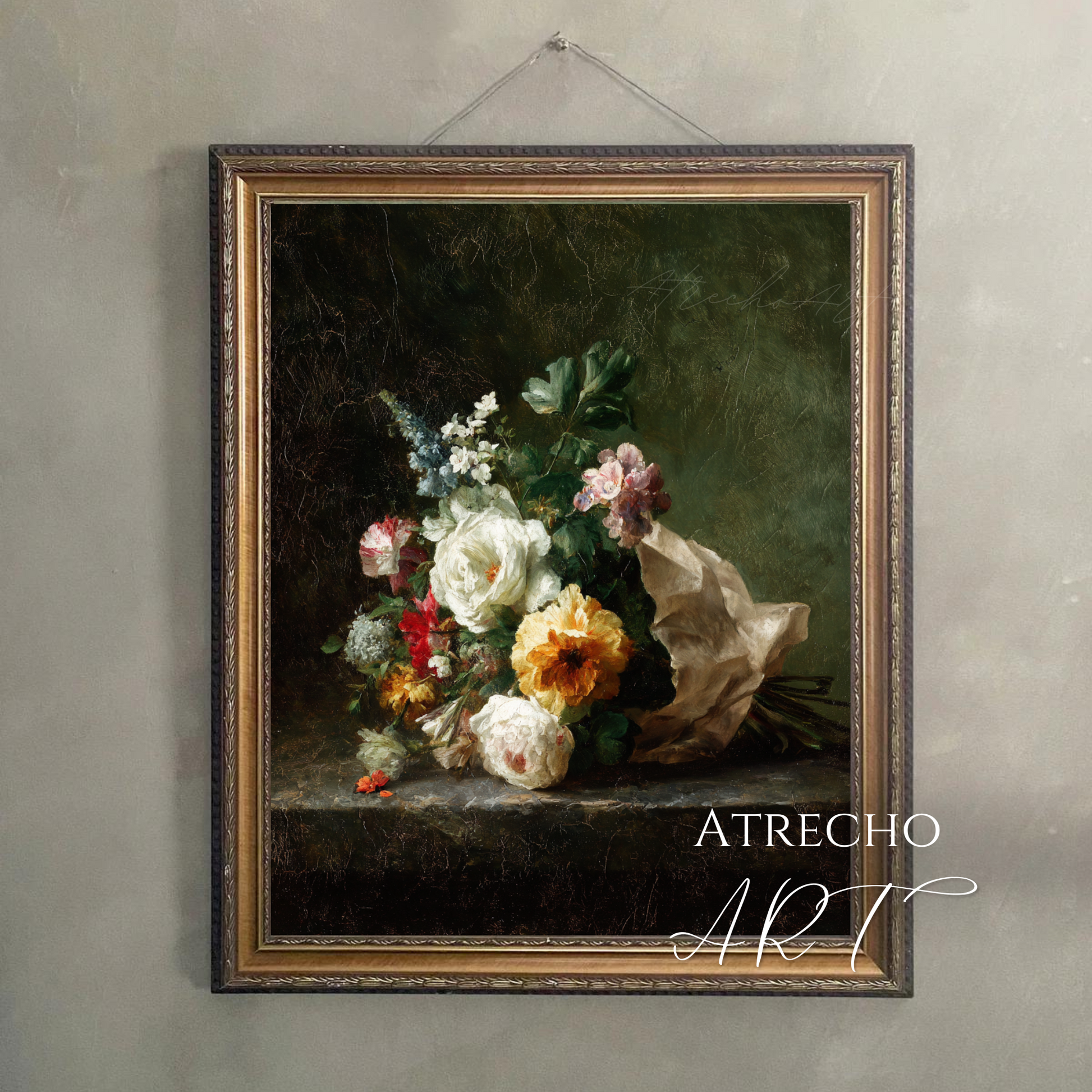 Vintage floral art print featuring dark romantic roses and white flowers against moody background, perfect for European style home decor