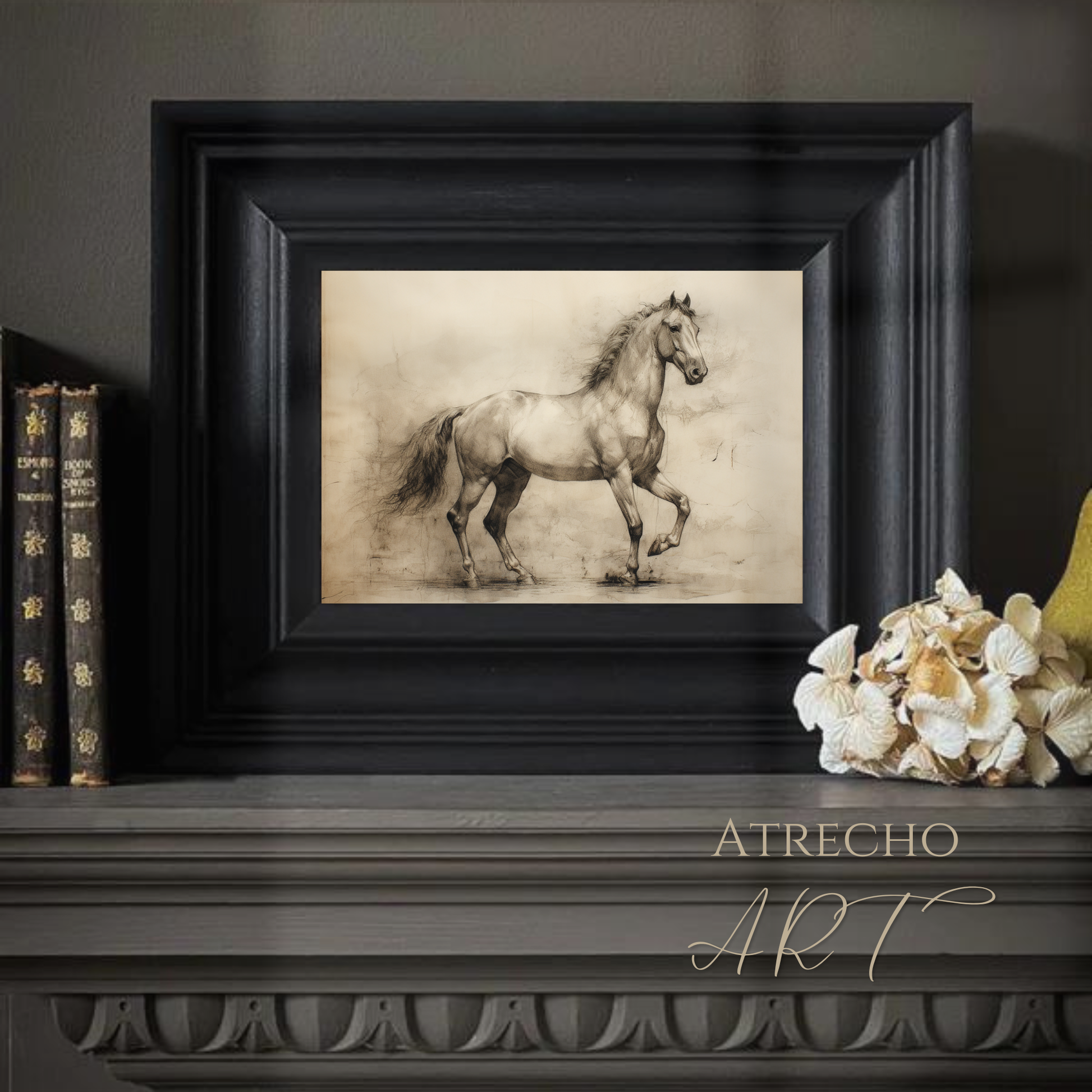 Set of four neutral sketch prints in sepia and graphite — classical urn, horse study, nautical seascape, and Roman bust — archival art prints P423