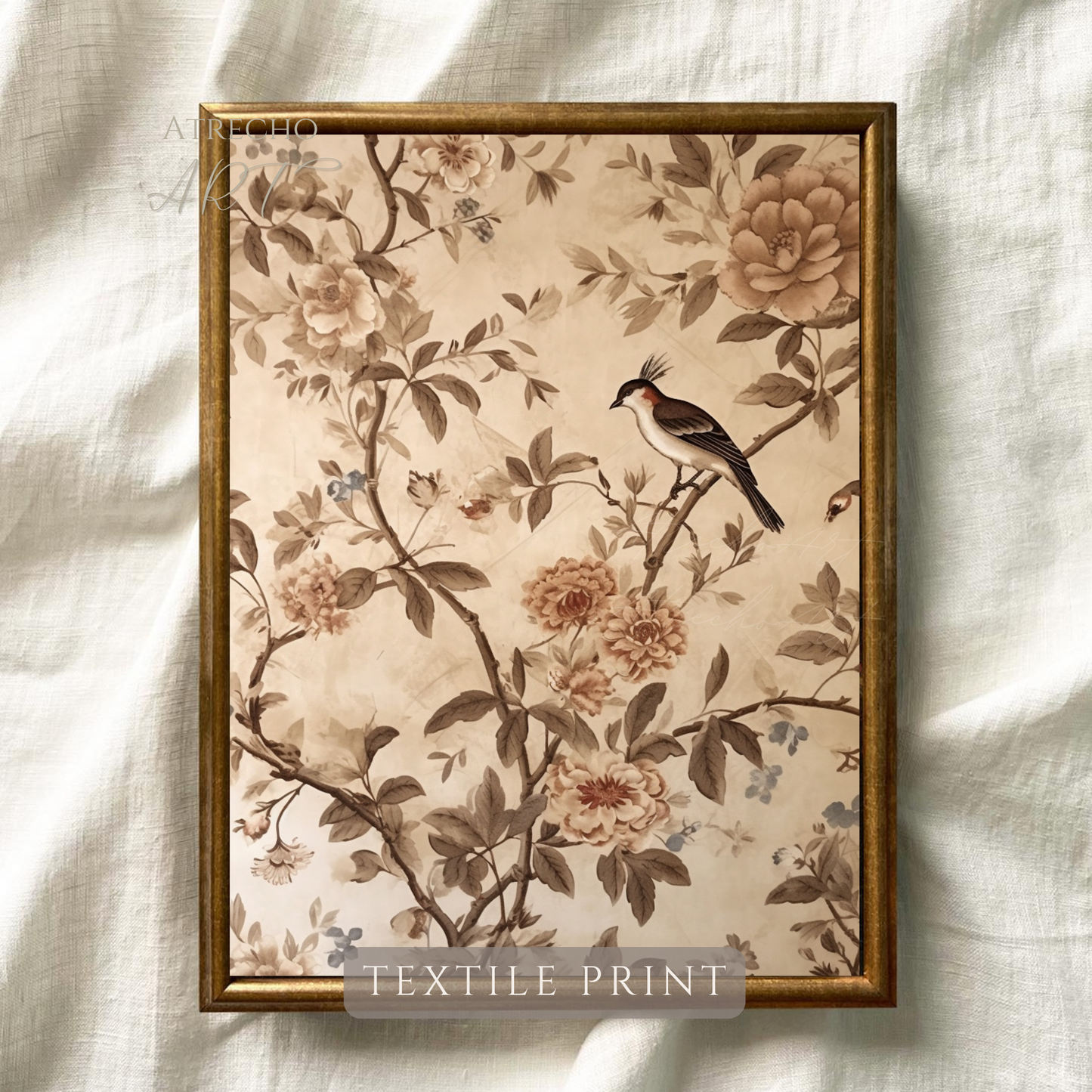 Vintage Floral Bird Textile Art Print | Printed Artwork | TE20