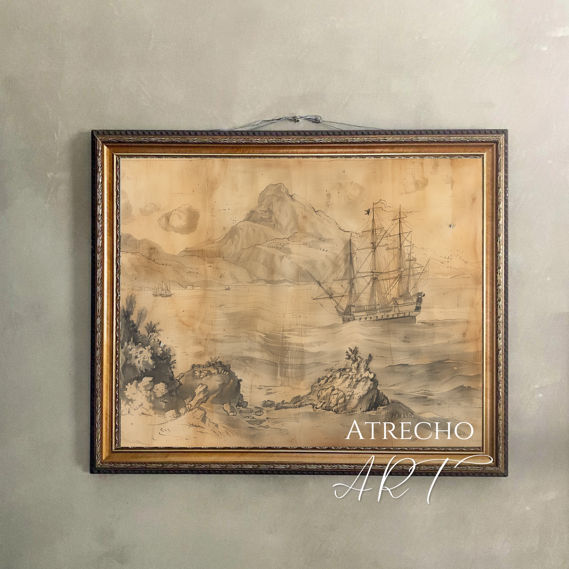 Set of four neutral sketch prints in sepia and graphite — classical urn, horse study, nautical seascape, and Roman bust — archival art prints P423