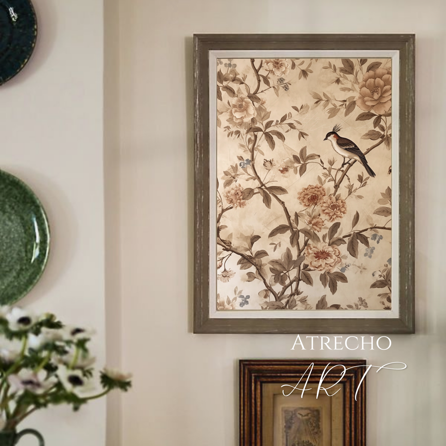 Vintage Floral Bird Textile Art Print | Printed Artwork | TE20