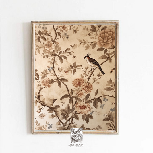 Vintage Floral Bird Textile Art Print | Printed Artwork | TE20