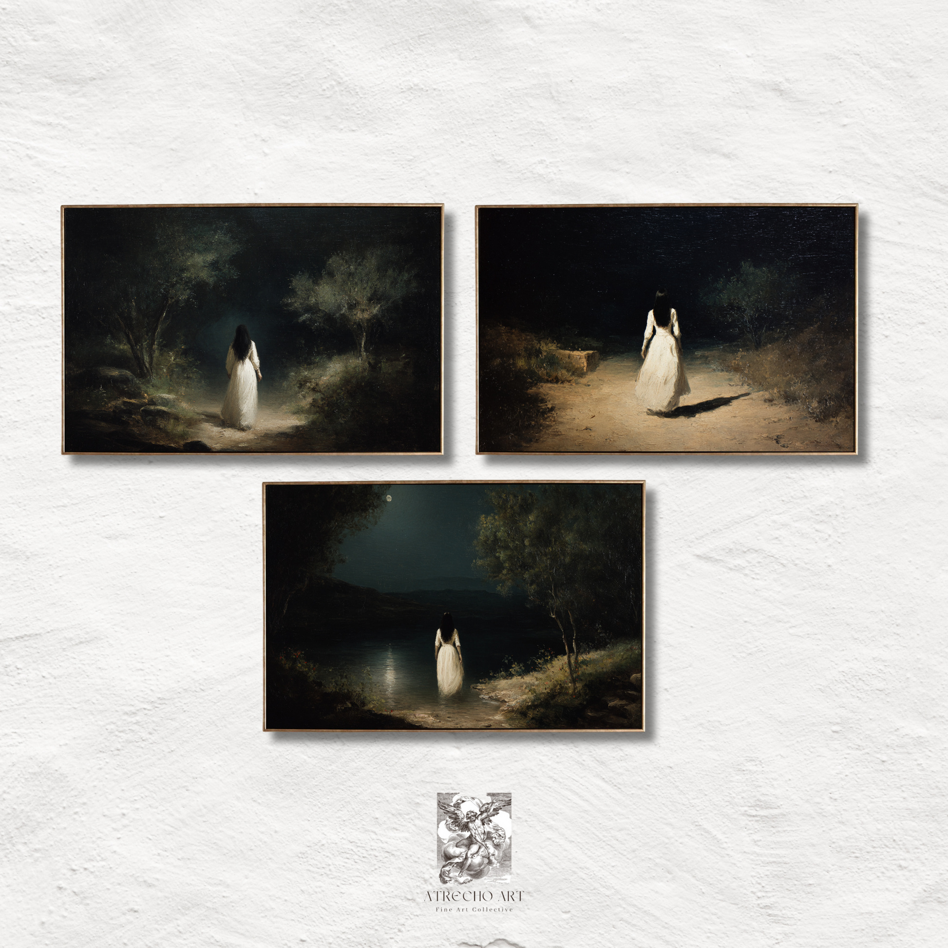 Woman in White art prints collection featuring mysterious figure in three atmospheric scenes - On the Road, At the Lake, and Into the Forest - perfect for gothic decor