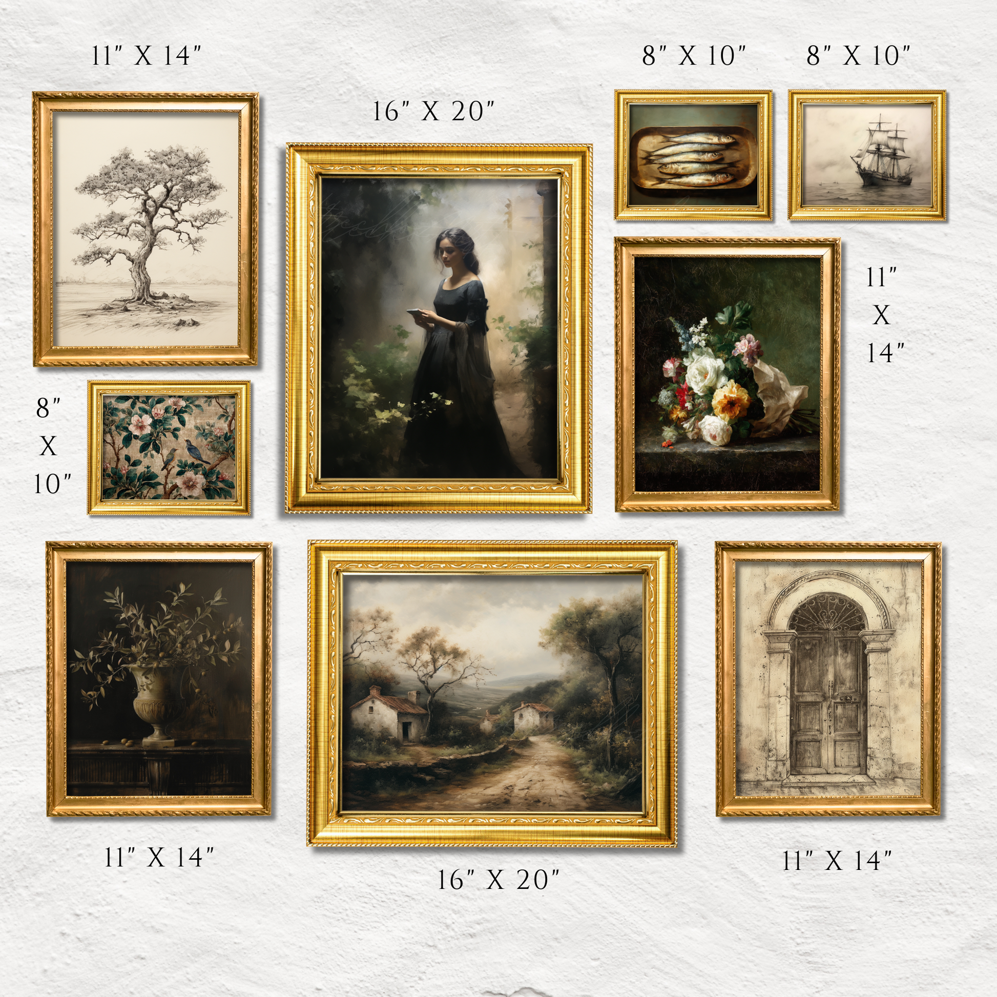 Nine piece Old World Spanish gallery wall collection featuring vintage botanical prints, maritime scenes, and architectural artwork in warm sepia and sage tones