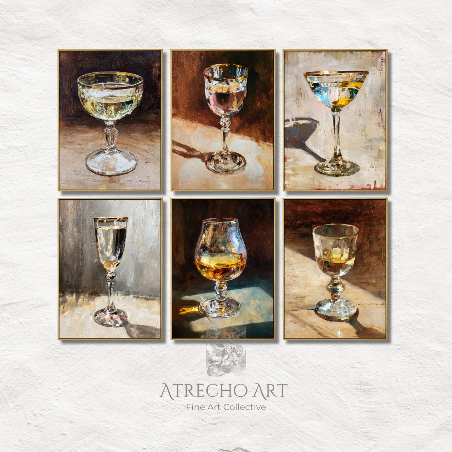Cocktail glasses art print set featuring six vintage-inspired paintings of champagne coupes, martini glasses, whiskey tumblers with golden accents and moody backgrounds for bar gallery wall