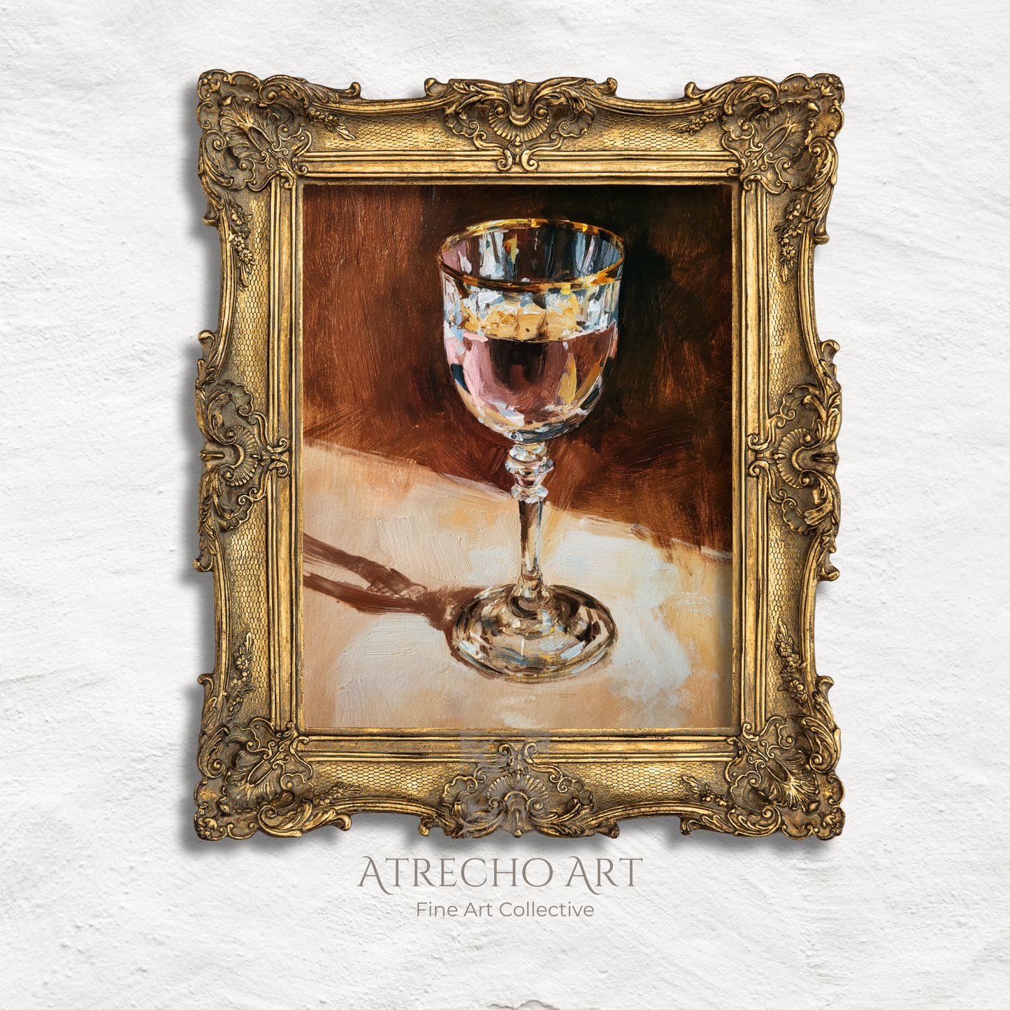 Cocktail glasses art print set featuring six vintage-inspired paintings of champagne coupes, martini glasses, whiskey tumblers with golden accents and moody backgrounds for bar gallery wall