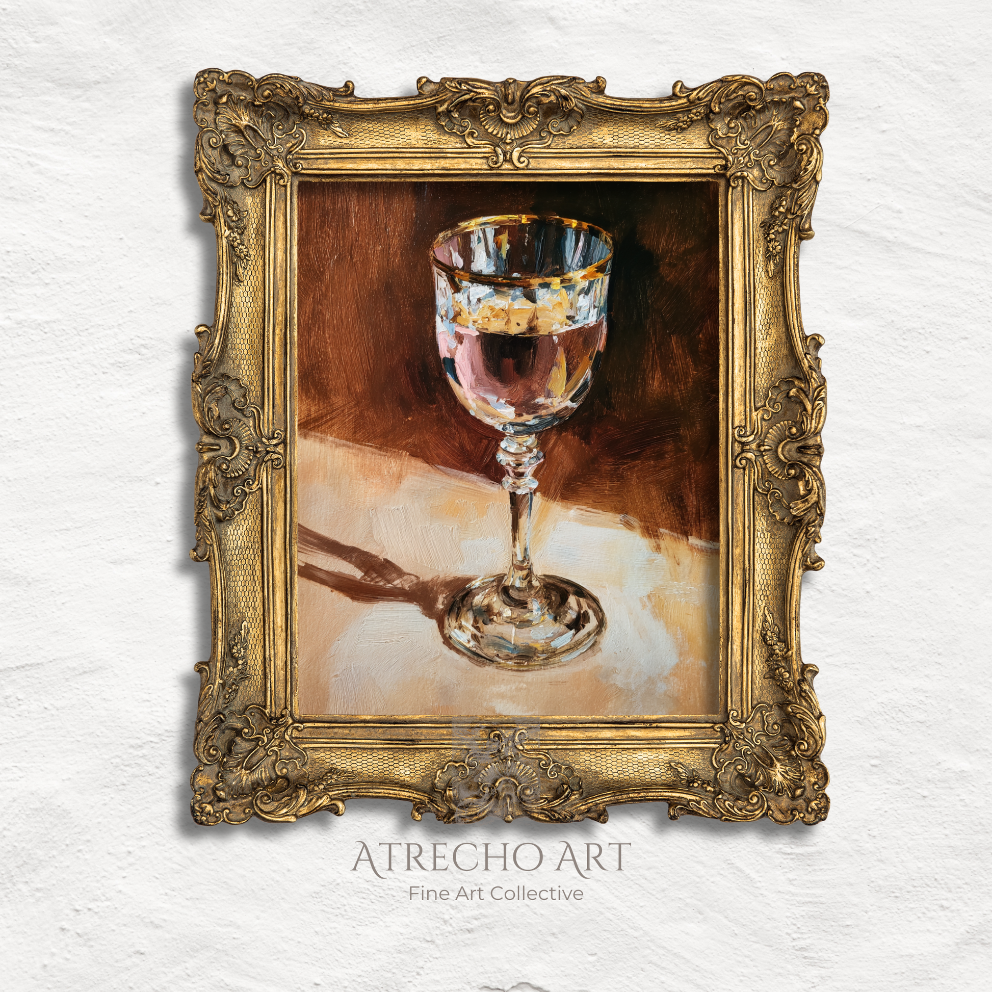 Cocktail glasses art print set featuring six vintage-inspired paintings of champagne coupes, martini glasses, whiskey tumblers with golden accents and moody backgrounds for bar gallery wall