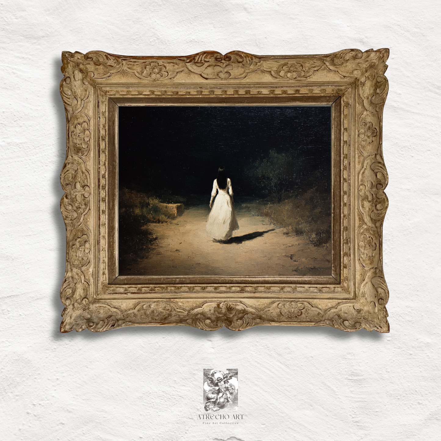 Woman in White art prints collection featuring mysterious figure in three atmospheric scenes - On the Road, At the Lake, and Into the Forest - perfect for gothic decor