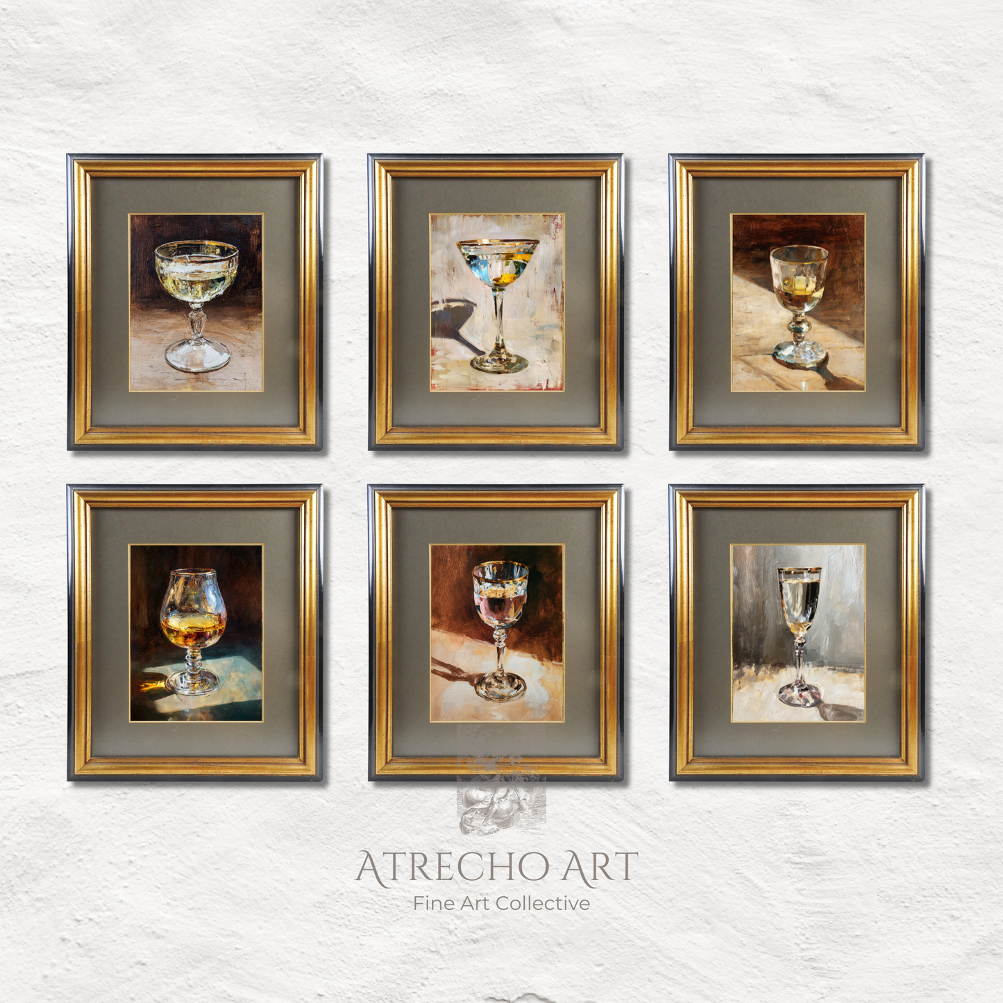 Cocktail glasses art print set featuring six vintage-inspired paintings of champagne coupes, martini glasses, whiskey tumblers with golden accents and moody backgrounds for bar gallery wall