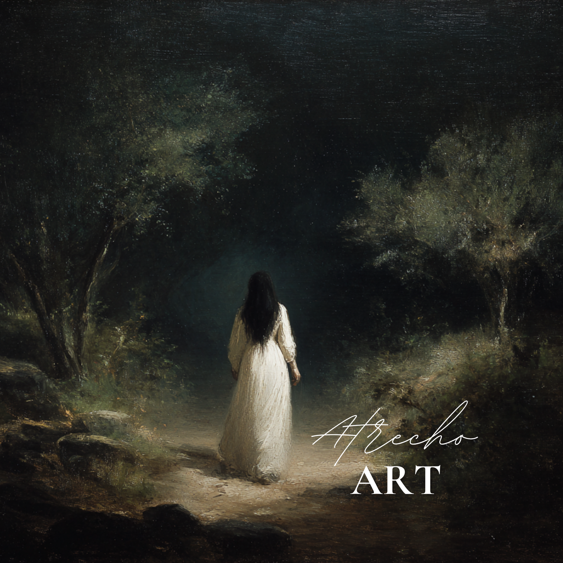 Woman in White art prints collection featuring mysterious figure in three atmospheric scenes - On the Road, At the Lake, and Into the Forest - perfect for gothic decor