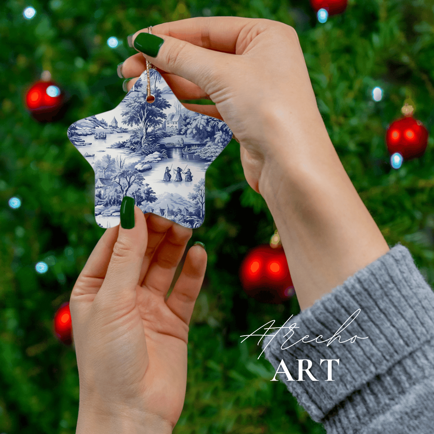 Ornement d'arbre de Noël en céramique de toile bleue et blanche, cercle de flocon de neige d'étoile de coeur de 4 formes