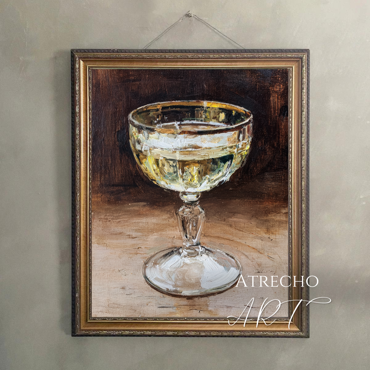 Cocktail glasses art print set featuring six vintage-inspired paintings of champagne coupes, martini glasses, whiskey tumblers with golden accents and moody backgrounds for bar gallery wall